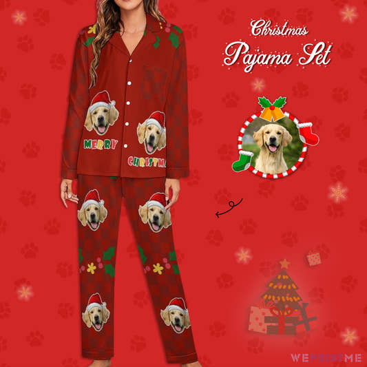Custom Pet Face Merry Christmas Women Long Pajamas-WePrintMe