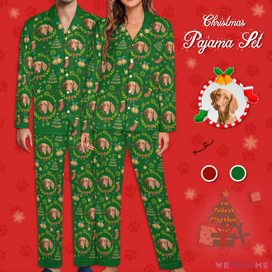Custom Pet Face Wreath Christmas Matching Pajamas-Main Green-WePrintMe
