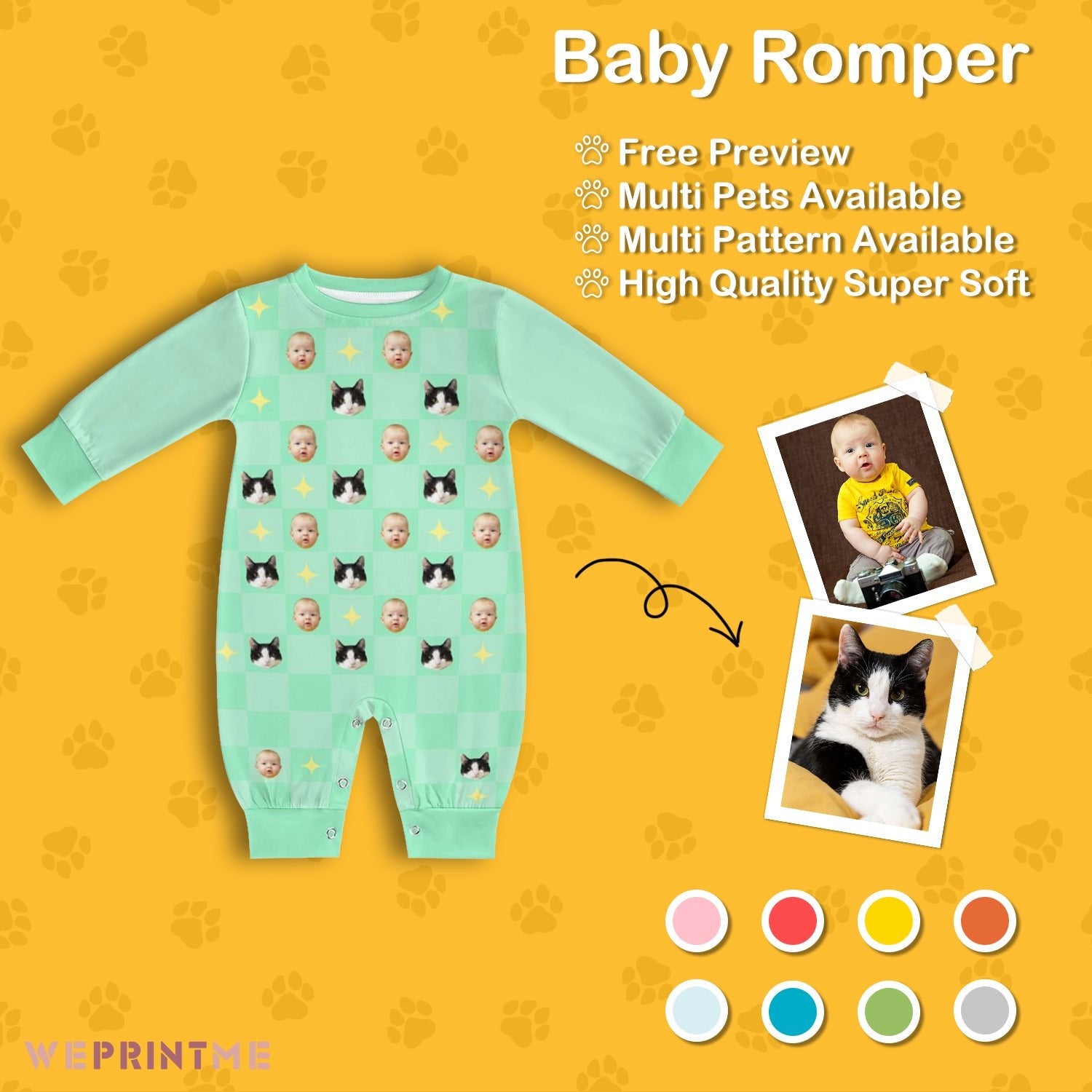 WEPRINTMEBaby SuitCustom Pet and Baby Face Stars Long Sleeve Romper