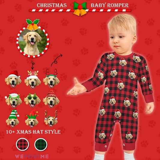 WePrintMeBaby SuitCustom Pet Face Baby Romper Santa Red Plaid Romper
