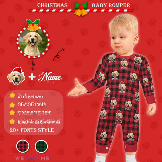 WePrintMeBaby SuitCustom Pet Face&Name Baby Romper Santa Hat Red Plaid Romper
