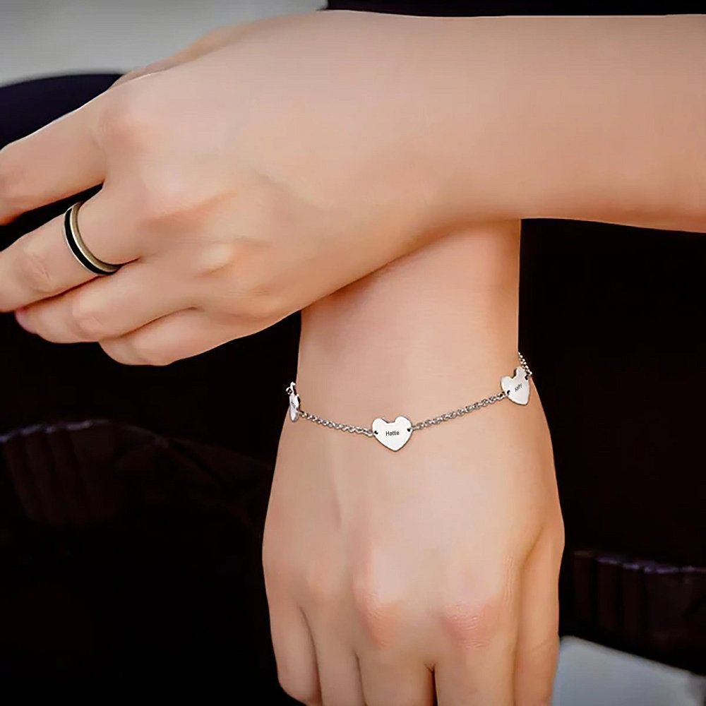 WEPRINTMEBraceletCustom Three Texts Birthstone Three Heart Bracelet