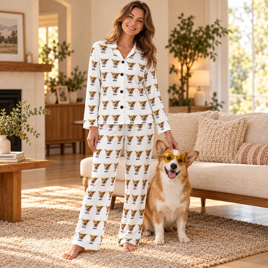 Personalized Pet Multi Pet Women's Long Sleeve Pajama Set, worn by a model standing beside a pet in a warm home setting.
