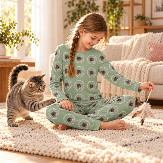 Custom Pet Face and Circle Name Kids Pajama Set, worn by a model spending time with a pet on a rug.