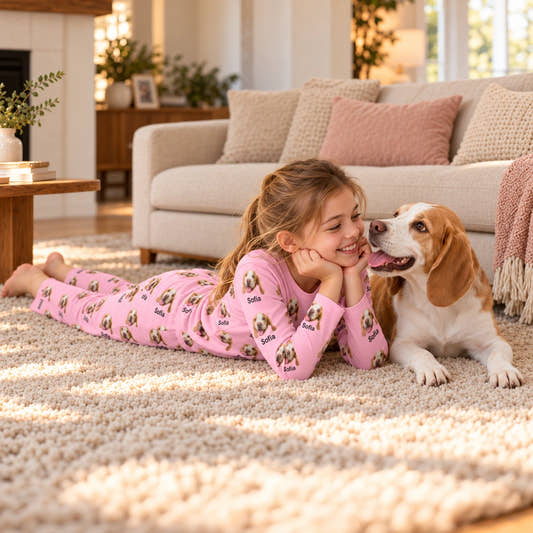 Custom Pet Face and Name Kids Pajama Set, worn during a relaxed moment with a pet at home.