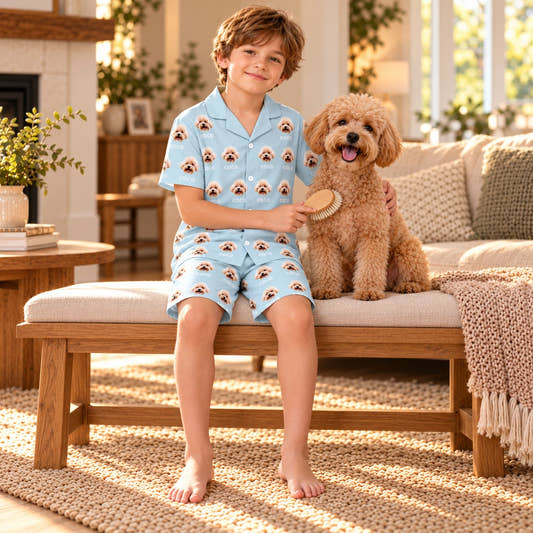 Custom Pet Face and Name Kids Short Pajama Set, worn by a model spending time with a pet on a rug.