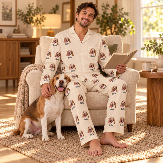 Custom Pet Face and Name Men's Cotton Long Pajama Set, worn by a model relaxing beside a pet at home.