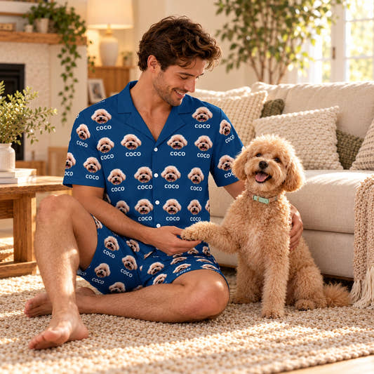 Custom Pet Face and Name Men's Short Pajama Set, worn by a model relaxing on a sofa with a pet.