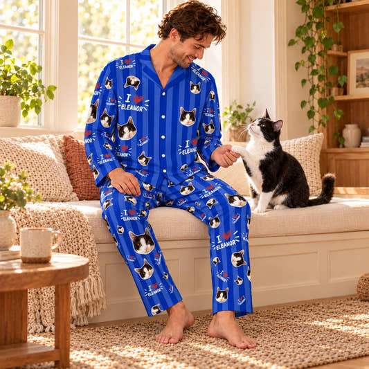 Custom Pet Face and Name Stripe Men's Cotton Long Pajama Set, worn by a model relaxing with a pet in a warm home.
