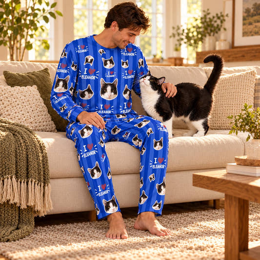 Custom Pet Face and Name Stripe Men's Long Pajama Set, worn by a model relaxing on a sofa with a pet.