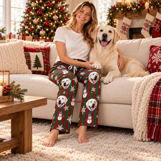 Personalized Christmas Pajama Pants - Snowman Stripes, worn by a model relaxing on a sofa with a pet.