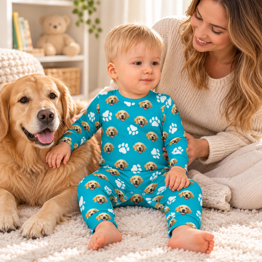 Custom Pet Face Baby Long Sleeve Romper shown in a home scene with a pet