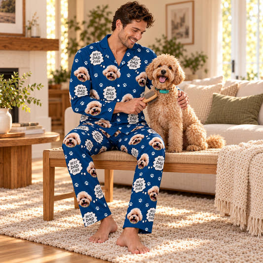 Custom Pet Face Best Ever Parents Pajamas for Dad, worn by a model relaxing with a pet in a warm home.