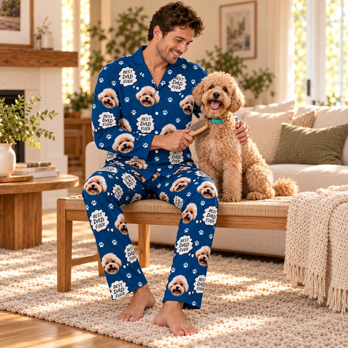 Custom Pet Face Best Ever Parents Pajamas for Dad, worn by a model relaxing with a pet in a warm home.