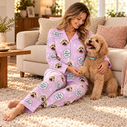 Custom Pet Face Best Ever Parents Pajamas for Mom, worn by a model relaxing on a sofa with a pet.