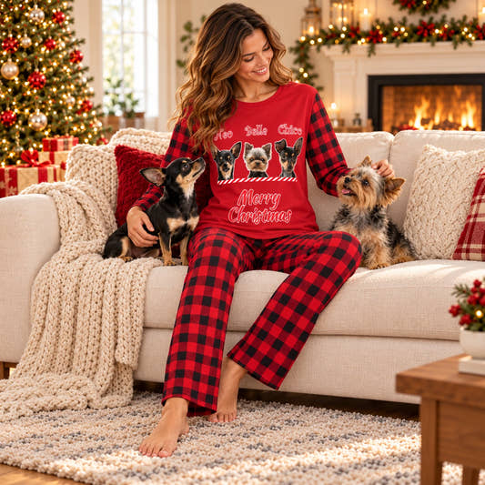 Personalized Christmas Pajama Set - Candy Pets, worn by a model relaxing on a sofa with a pet.