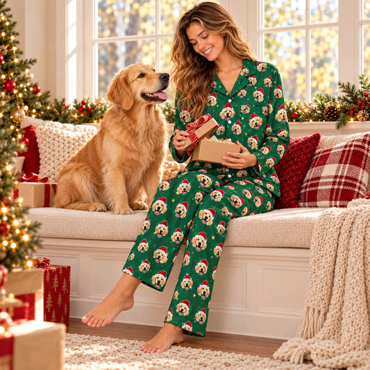Custom Christmas Pajamas - Christmas Matching, worn by a model relaxing with a pet in a warm home.