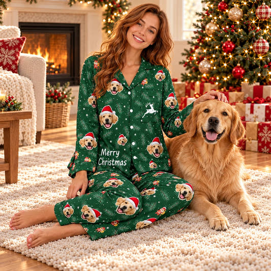 Personalized Christmas Pajamas - Christmas Deer, worn by a model spending time with a pet on a rug.