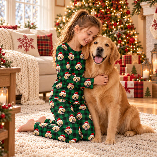 Personalized Christmas Kids Pajama Set - Santa Red Plaid, worn by a model spending time with a pet on a rug.