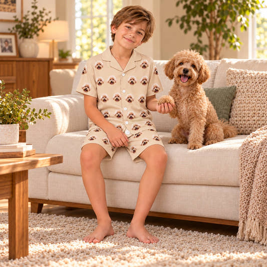Custom Pet Face Kids Short Pajama Set, worn by a model relaxing on a sofa with a pet.
