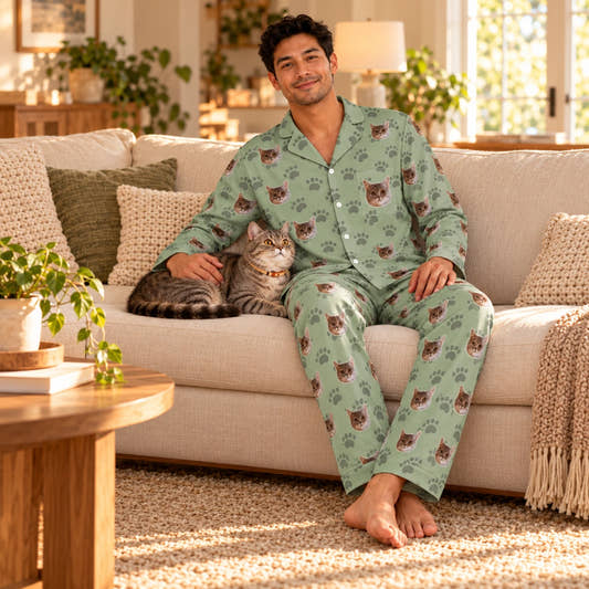 Custom Pet Face Men's Cotton Long Pajama Set, worn by a model relaxing on a sofa with a pet.