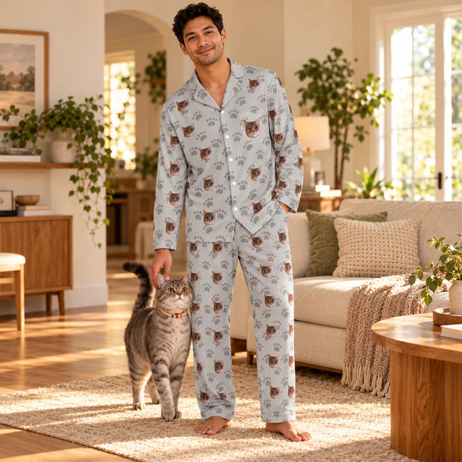 Man wearing a personalized pet-photo pajama set