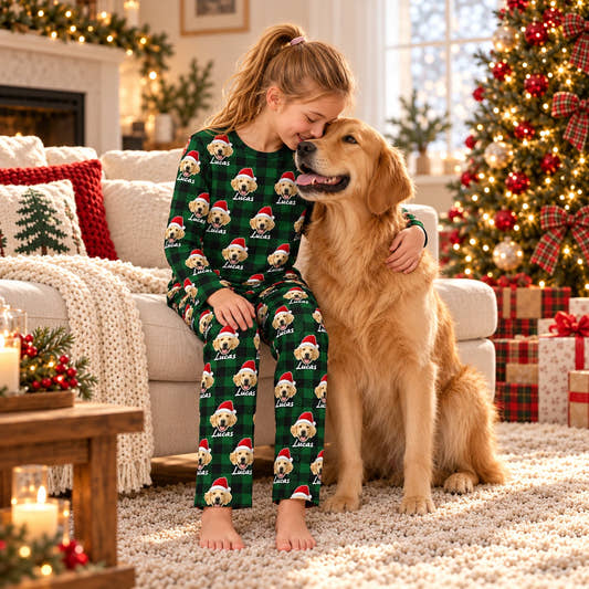 Personalized Christmas Kids Pajama Set - Santa Hat Red Plaid & Name, worn by a model relaxing on a sofa with a pet.