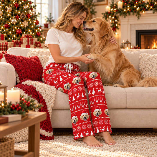 Personalized Christmas Pajama Pants - Pet Faces, worn by a model relaxing on a sofa with a pet.
