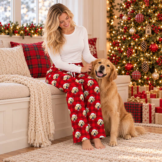 Personalized Christmas Pajama Pants - Dark Red Plaid, worn by a model spending time with a pet on a rug.