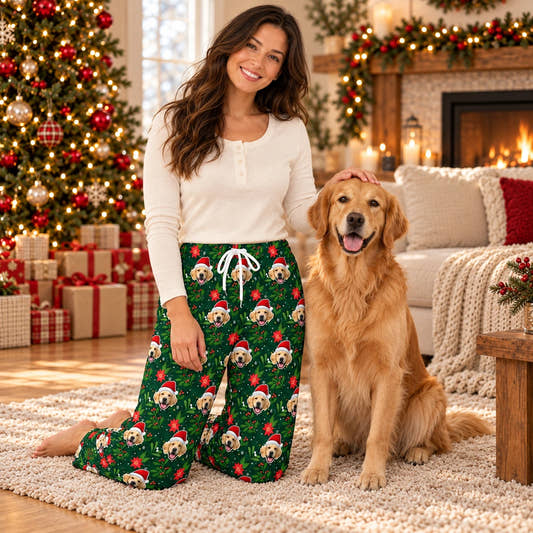 Personalized Christmas Pajama Pants - Flowers, worn by a model spending time with a pet on a rug.