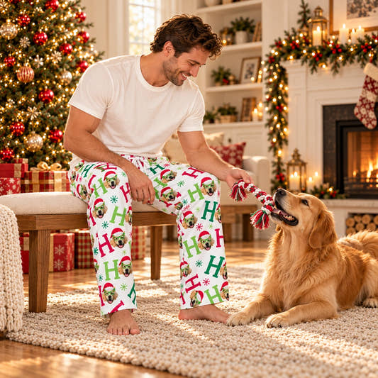 Personalized Christmas Pajama Pants - Ho Ho Ho, worn by a model spending time with a pet on a rug.