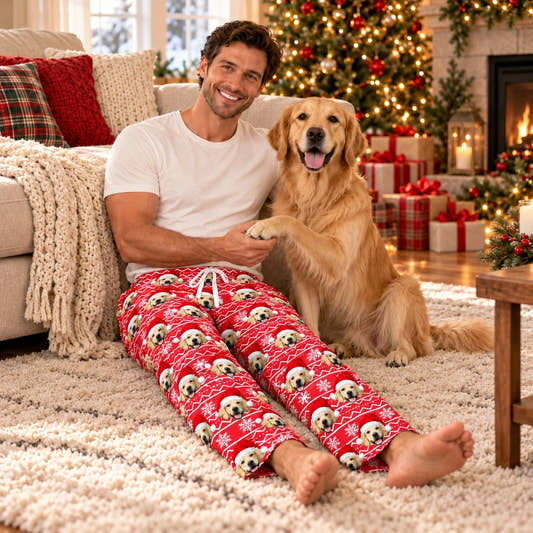 Custom Christmas Pajama Pants - Snow Stripe, worn by a model relaxing with a pet in a warm home.