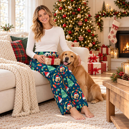 Personalized Christmas Pajama Pants - Wreath, worn by a model relaxing on a sofa with a pet.
