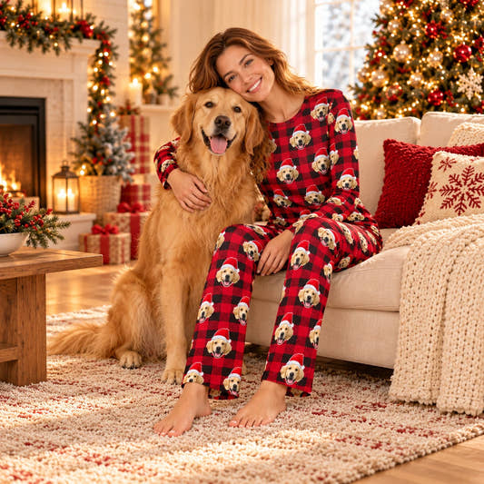 Personalized Christmas Pajama Set - Santa Red Plaid Matching, worn by a model relaxing on a sofa with a pet.