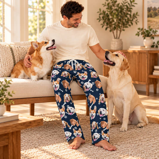 Custom Pet Face Pants Dogs or Cats Face Unisex Pajama Pants, worn by a model relaxing beside a pet at home.