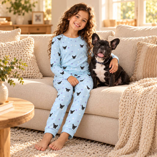 Custom Pet Face Paws and Pets Kids Pajama Set, worn by a model relaxing on a sofa with a pet.
