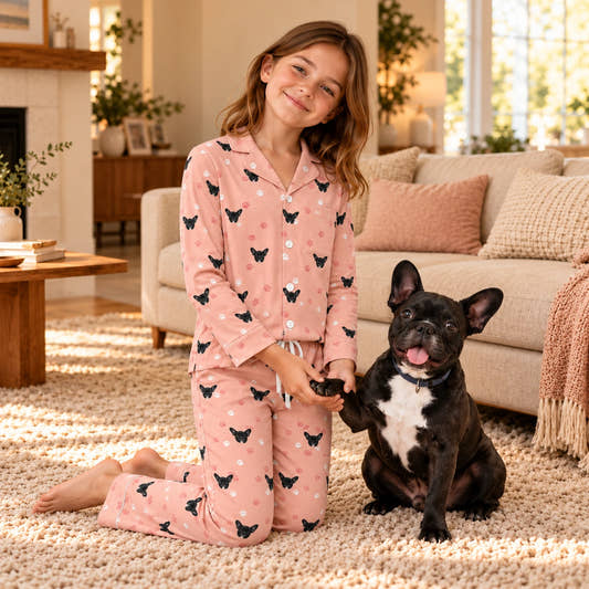 Custom Pet Face Paws V Neck Pajama Set for Kids, worn by a model relaxing with a pet in a warm home.