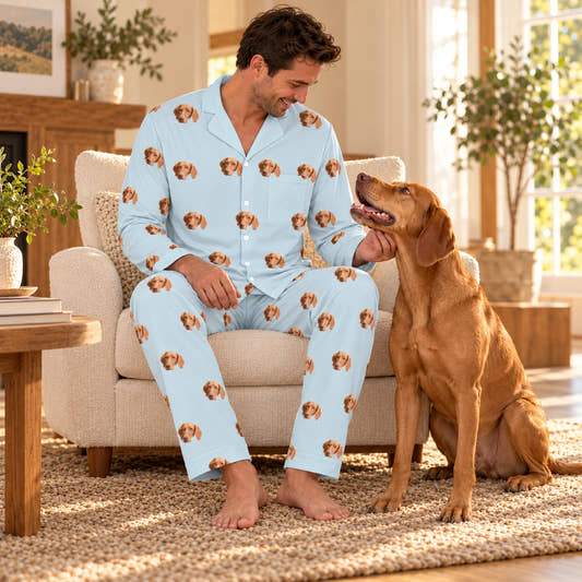Custom Pet Face Paws V Neck Pajama Set for Men, worn by a model spending time with a pet on a rug.