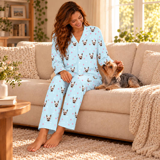 Custom Pet Face Paws V Neck Pajama Set for Women, worn by a model relaxing on a sofa with a pet.