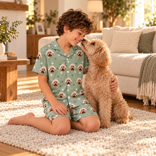 Custom Pet Face Pet and Paws Kids Short Pajama Set, worn by a model relaxing with a pet in a warm home.