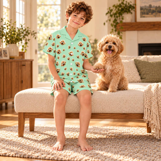 Custom Pet Face Pet Everywhere Kids Short Pajama Set, worn by a model spending time with a pet on a rug.