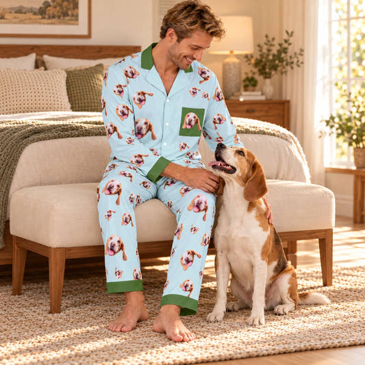 Custom Pet Face Pet Everywhere Men's Cotton Long Pajama Set, worn by a model spending time with a pet on a rug.