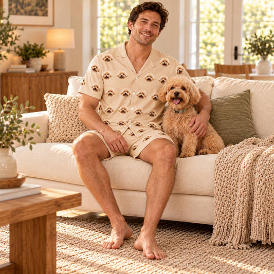 Custom Pet Face Pet Men's Short Pajama Set, worn by a model relaxing on a sofa with a pet.