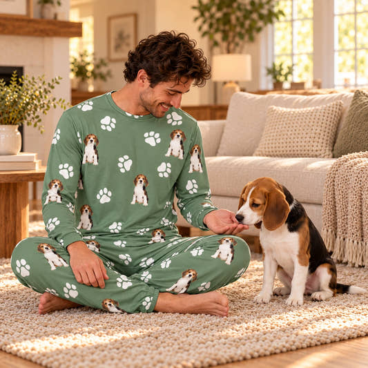 Custom Pet Face Pet Paws Men's Long Pajama Set, worn by a model spending time with a pet on a rug.