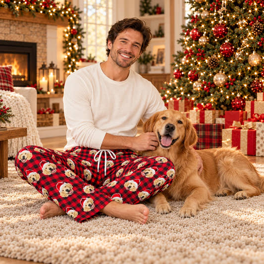 Personalized Christmas Pajama Pants - Plaid, worn by a model spending time with a pet on a rug.