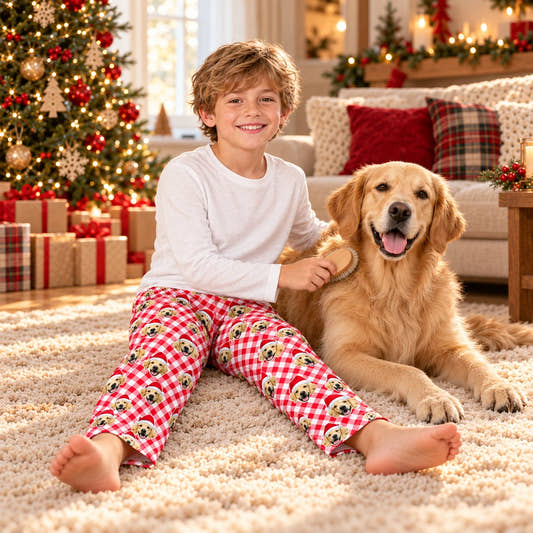 Personalized Christmas Pajama Pants - Red Plaid (Kids), worn by a model spending time with a pet on a rug.