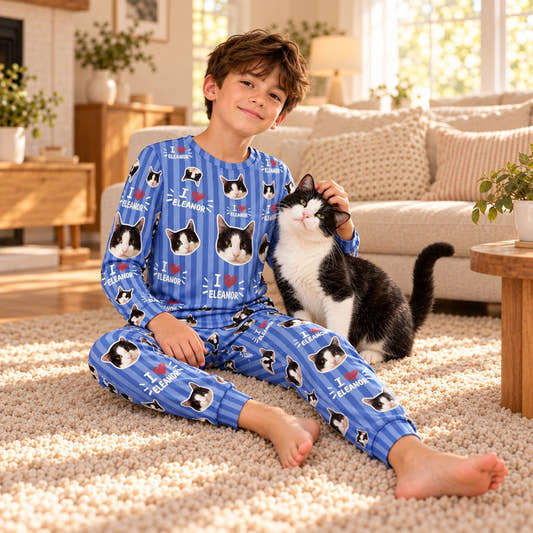 Custom Pet Face Sripe Kids Pajama Set, worn by a model spending time with a pet on a rug.