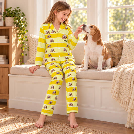 Custom Pet Face Stripe Button-Down Kids Pajama Set, worn by a model enjoying a quiet moment with a pet near a window.