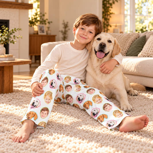 Custom Pet Kids Pants All Faces Pajama Pants, worn by a model spending time with a pet on a rug.