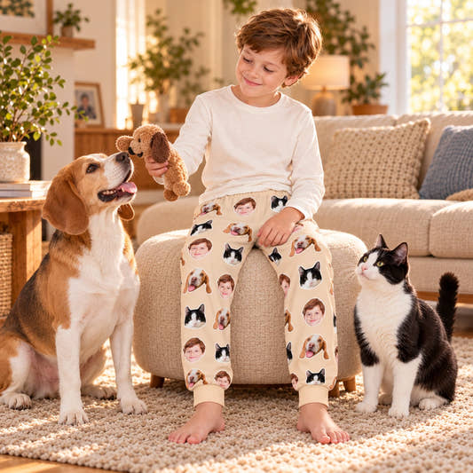 Custom Pet Kids Pants Face Pajama Pants, worn by a model relaxing beside a pet at home.